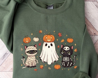 Halloween Cat Sweatshirt, Spooky Season Shirt, Ghost Shirt, Black Cat Halloween Shirt, Pumpkin Graphic Tee, Halloween Cat Mom Shirt