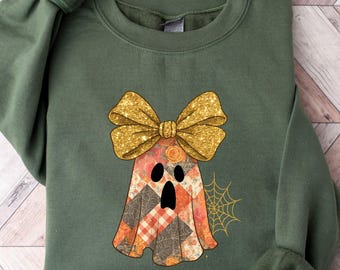Patchwork Halloween Ghost Sweater, Coquette Ghost Shirt, Spooky Season Shirt, Halloween Women Outfit, Halloween Party Tee, Funny Halloween