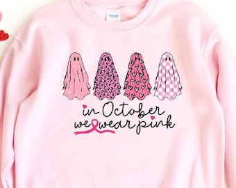 Breast Cancer Awareness Shirt : In October We Wear Pink Ghosts  Warrior Pink Ribbon Tee