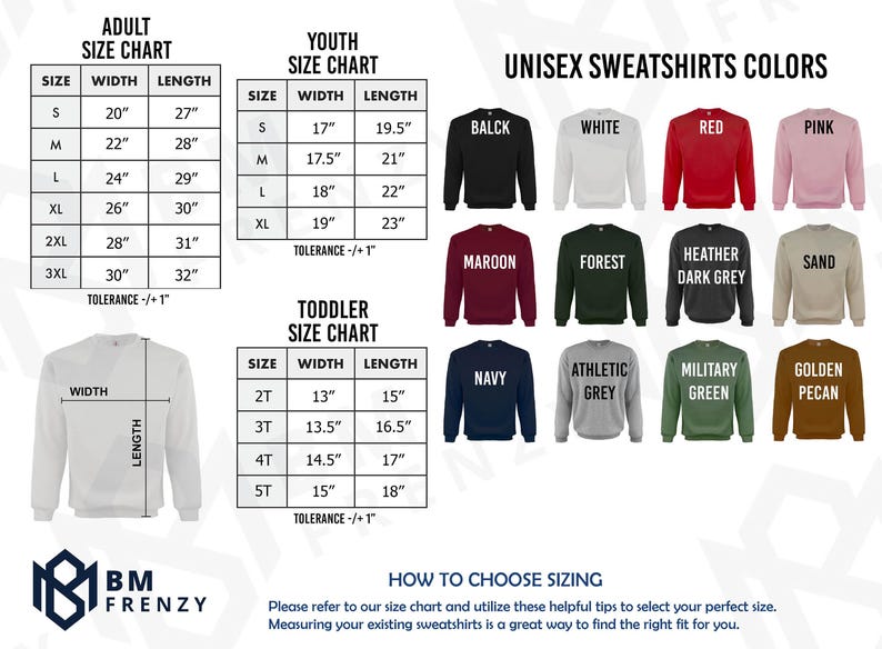 The image is a size chart for adult and youth sweatshirts, along with a toddler size chart. It provides measurements and corresponding color options for each size, as well as tips on how to choose the right size based on the chart.