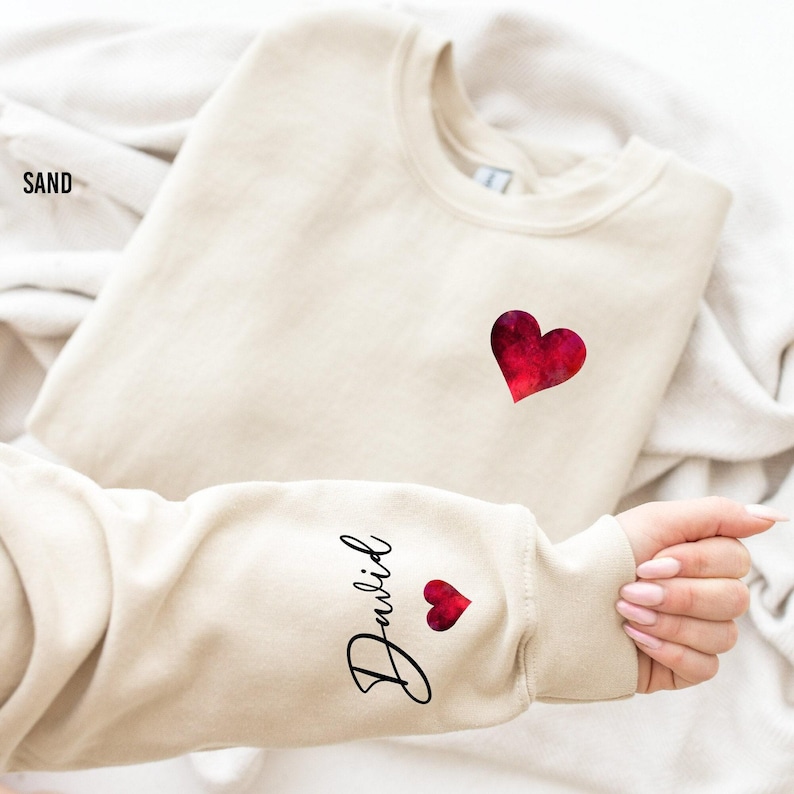 Personalized Valentines Day Sweatshirt With Name on Sleeve, Valentine Heart shirt, Valentine's Day Couple Apparel, Cute Valentine's Day Gift
