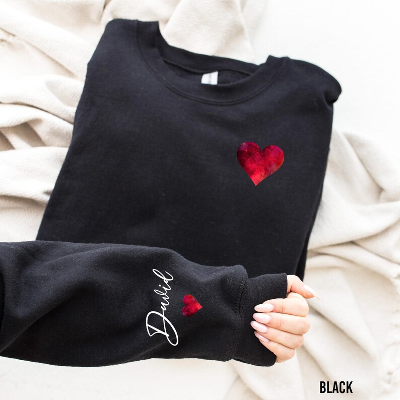 Personalized Valentines Day Shirt With Name on Sleeve, Watercolor Valentine's Pullover , Valentine's Day Couple Long- Sleeve, Cute Valentine's Day Gift, Mother's Day Gift