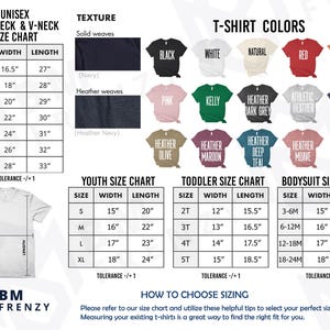 The image is a size chart for various crew neck and v-neck t-shirt sizes, including both solid weaves and solid colors. It provides a visual guide for selecting the appropriate size based on the individual's measurements.