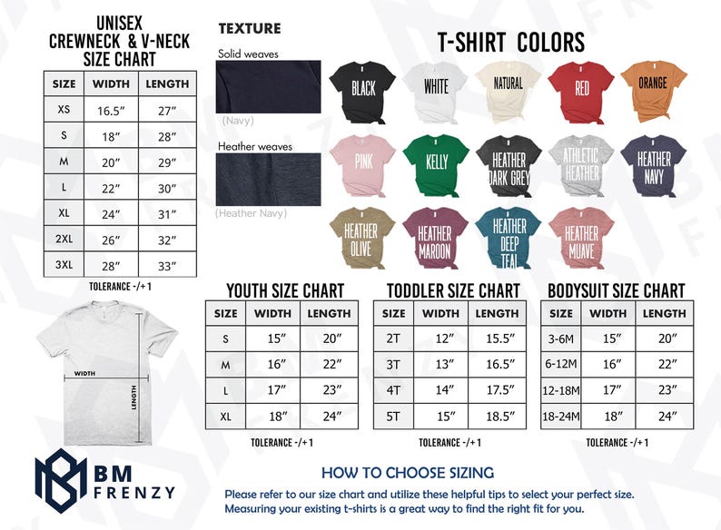 The image is a size chart for various crew neck and v-neck t-shirt sizes, including both solid weaves and solid colors. It provides a visual guide for selecting the appropriate size based on the individual's measurements.