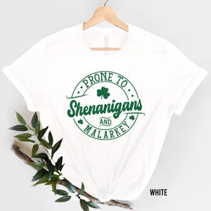 A white t-shirt with a green circular design that says "PRONE TO Shenanigans AND MALARKEY" printed on it.
