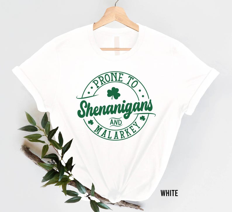A white t-shirt with a green circular design that says "PRONE TO Shenanigans AND MALARKEY" printed on it.