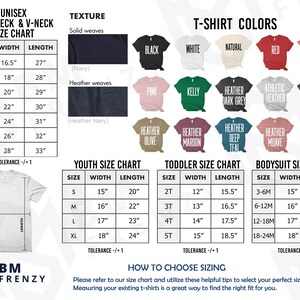 The image is a size chart for various crew neck and v-neck t-shirt sizes, including both solid weaves and solid colors. It provides a visual guide for selecting the appropriate size based on the individual's measurements.
