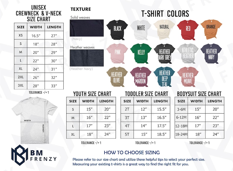 The image is a size chart for various crew neck and v-neck t-shirt sizes, including both solid weaves and solid colors. It provides a visual guide for selecting the appropriate size based on the individual's measurements.