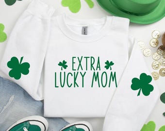 St Patrick's Day Sweatshirt for Mom, Extra Lucky Mom Sweatshirt, Shamrock Elbow Sweatshirt, Lucky Sweater, Armpatch Shamrock Sweater, Irish