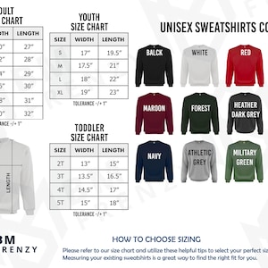 The image is a size chart for adult and youth sweatshirts, along with a toddler size chart. It provides measurements and corresponding color options for each size, as well as tips on how to choose the right size based on the chart.