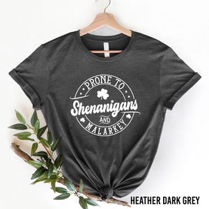 A black t-shirt with a white graphic design that says "PRONTO SHENANIGANS AND MALARKEY" printed on it, hanging on a wooden hanger.