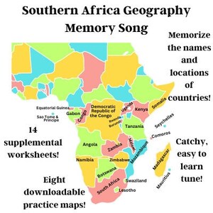 Southern Africa Geography Memory SONG, Maps & Worksheets