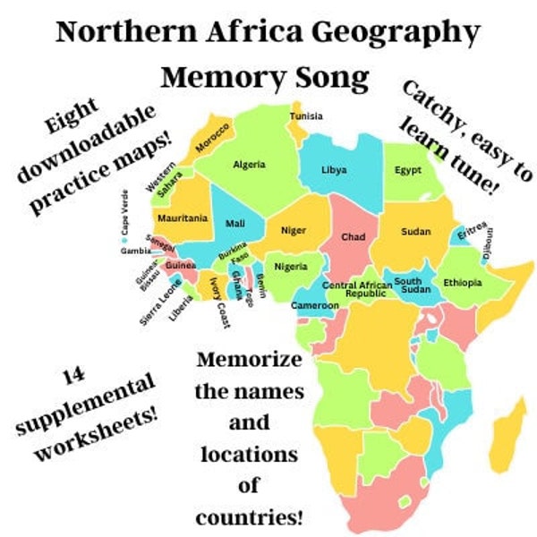 Northern Africa Geography Memory SONG, Maps & Worksheets