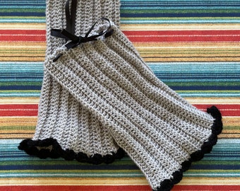 Handmade Frilly Grey and Black Crochet leg warmers with Bow and Black flared bottom