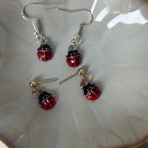 Può includere: Un set di quattro orecchini a forma di coccinella. Due orecchini hanno ganci d'argento e due orecchini hanno ganci d'oro. Le coccinelle sono rosse con macchie nere e teste nere.