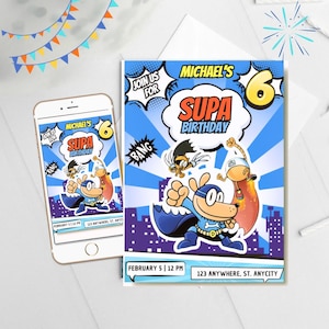 May include: A birthday invitation and a smartphone screen displaying the same design. The invitation features a cartoon dog superhero with the text "MICHAEL'S SUPA BIRTHDAY" and "6". The date and time are also included.