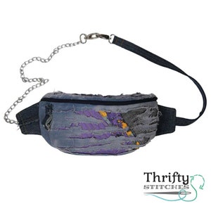 Handmade Upcycled Bum bag/Crossbody /Fanny pack convertible adjustable distressed denim quilted purple cotton studs chains rivets pockets