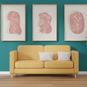 3 Piece Floral Printable Wall Art, Terracotta Boho Design, Boho Home & Office Decor, Line Art Wildflower, Digital, Minimalist Style, Neutral