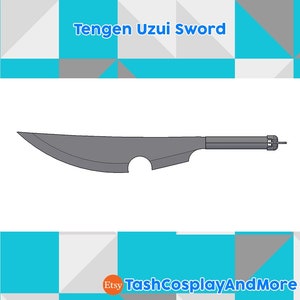 Può includere: Una spada color argento con una lama curva e un foro nella lama. La spada ha un'impugnatura nera con una punta argentata. Il testo "Tengen Uzui Sword" è nella parte superiore dell'immagine.