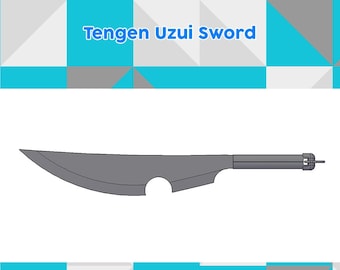 Puede incluir: Una espada de color plateado con una hoja curva y un agujero en la hoja. La espada tiene un mango negro con una punta plateada. El texto "Tengen Uzui Sword" está en la parte superior de la imagen.
