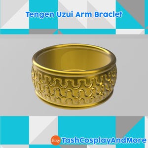 May include: A gold-colored arm bracelet with a repeating wave pattern around the band. The text "Tengen Uzui Arm Bracelet" is displayed at the top. The Etsy shop name "TashCosplayAndMore" is at the bottom.