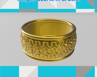 Puede incluir: Un brazalete dorado con un patrón de ondas repetidas alrededor de la banda. El texto "Tengen Uzui Arm Bracelet" se muestra en la parte superior. El nombre de la tienda Etsy "TashCosplayAndMore" está en la parte inferior.