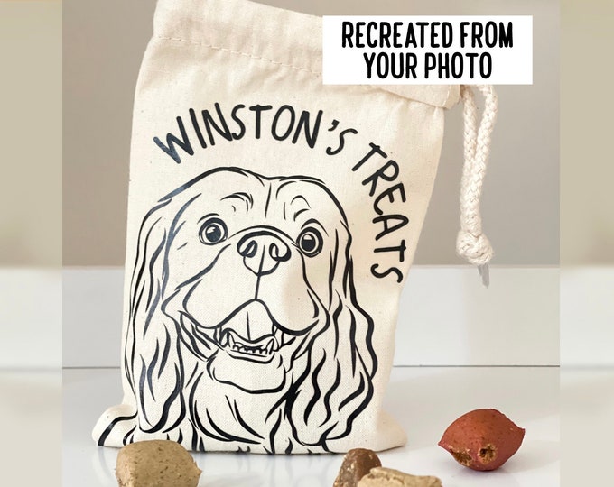 Dog Portrait Treat Bag/ Drawstring Cotton Pouch/ Customised Walking and Training Treats Bag/ Personalised Outline Pet Illustration