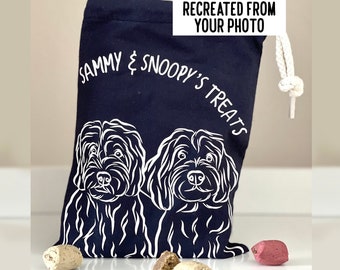 Borsa per dolcetti blu scuro per cani / Custodia in tela con cordoncino di cotone personalizzata / Ritratto di animale domestico contorto / Illustrazione per animali domestici Borsa per dolcetti / Idea regalo per la conservazione del cibo per cani