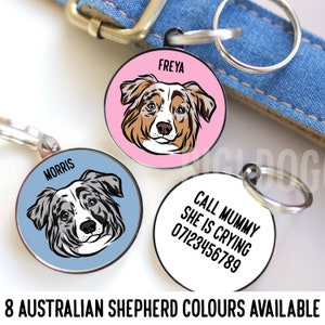Pode incluir: Três placas de identificação redondas de metal com argolas. Uma placa apresenta uma ilustração de um pastor australiano castanho e branco num fundo cor-de-rosa com o nome FREYA. Outra mostra um cão cinzento e branco num fundo azul com o nome MORRIS.