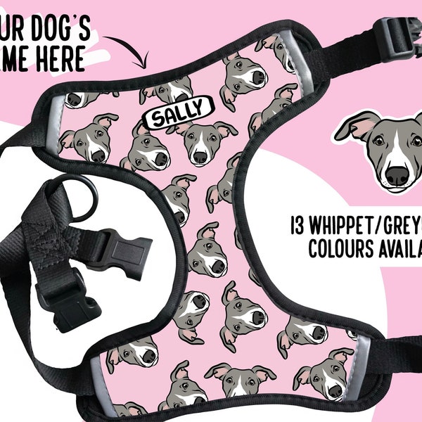 Personalised Whippet Harness Custom Greyhound Name Harness Adjustable Dog Face Pattern Harness Cute Whippet Owner Pet Gifts Neoprene Harness