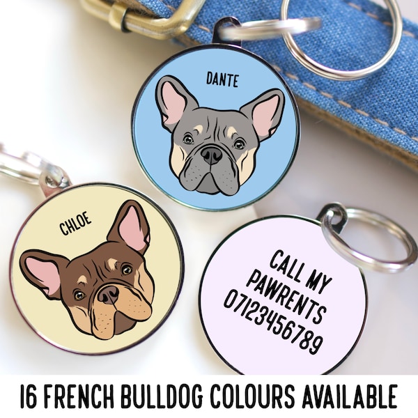 Étiquette d'identification de bouledogue français/ étiquette de race de chien/ étiquette d'illustration de visage d'animal de compagnie personnalisée/ étiquette de nom de chien personnalisé/ étiquette de collier de Portrait d'animal familier/ étiquette en aluminium