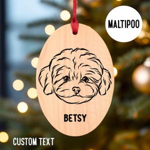 Personalized Maltipoo Christmas Ornament: UV Printed Hinoki Wood Dog Portrait