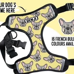 French Bulldog Harness Personalised Frenchie Face Harness Custom French Bulldog Pattern Dog Harness Frenchie Owner Gift Adjustable Harness