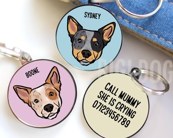 Australian Cattle Dog ID Tag/ Personalised Dog Breed Illustration Tag/ Pet Collar Tag/ Australian Cattle Face Identity Tag/ Cattle Dog Lover