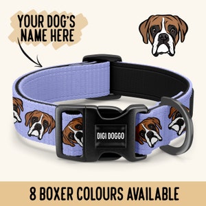 May include: A purple dog collar with a black buckle and a repeating pattern of brown boxer dog faces. The buckle has the text "DIGI DOGGO" on it. The collar is shown against a white background.  8 BOXER COLORS AVAILABLE.
