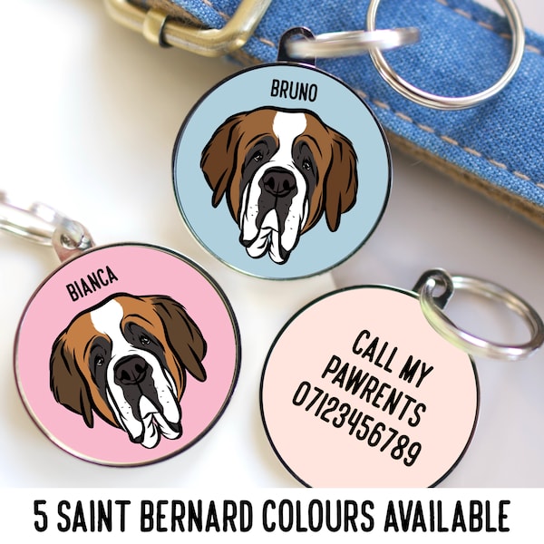 Saint Bernard ID Tag/ Personalised Dog Face Collar Tag/ Custom Saint Bernard Name Metal Tag/ Large Dog Portrait Tag/ Saint Bernard Gifts