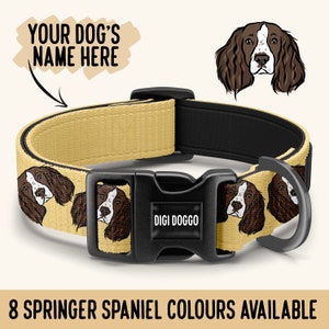 May include: A beige dog collar with a black buckle and a silver D-ring. The collar is decorated with a repeating pattern of brown and white Springer Spaniel faces. The buckle has the text "DIGI DOGGO" printed on it. The text "YOUR DOG'S NAME HERE" is written in a speech bubble above the collar.
