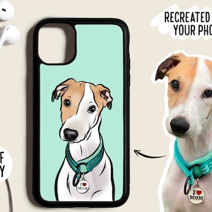 Pode incluir: Uma capa de telefone preta com uma ilustração de desenho animado de um cão usando uma coleira azul e uma etiqueta que diz "Eu amo a mamãe". O cão é branco com manchas marrons e tem um fundo azul claro.