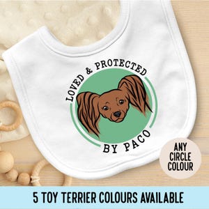 Toy Terrier Baby Bib/ Customisable Toy Terrier Portrait Baby Burb Cloth/ Personalised Dog Name Baby Bib/ Toy Terrier Face Baby Shower Gift