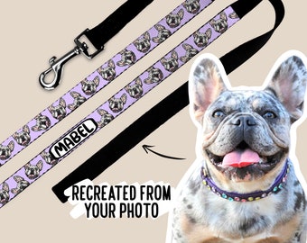 Pet Portrait Lead/ Personalised Dog Illustration Leash/ Custom Dog Walking Lead/ Cute Dog Face Print Leash/ Dog Name Sublimation Lead
