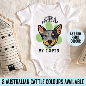 Australian Cattle Baby Onesie/ Custom Cattle Dog Face Baby Bodysuit/ Cute Pet Baby Romper/ Baby Shower Gift for Cattle Owner/ Dog Art Onesie