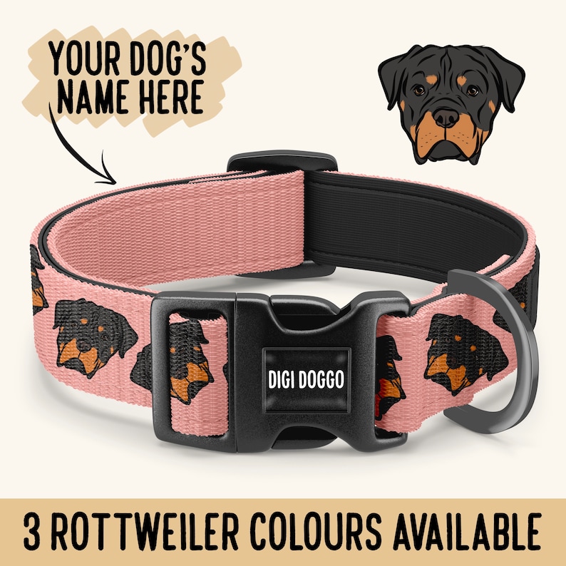 Może przedstawiać: R&oacute;żowa obroża dla psa z powtarzającym się wzorem gł&oacute;w rottweilera, czarną plastikową klamrą z napisem DIGI DOGGO oraz metalowym k&oacute;łkiem w kształcie litery D. Obraz zawiera tekst YOUR DOG'S NAME HERE oraz 3 ROTTWEILER COLOURS AVAILABLE.