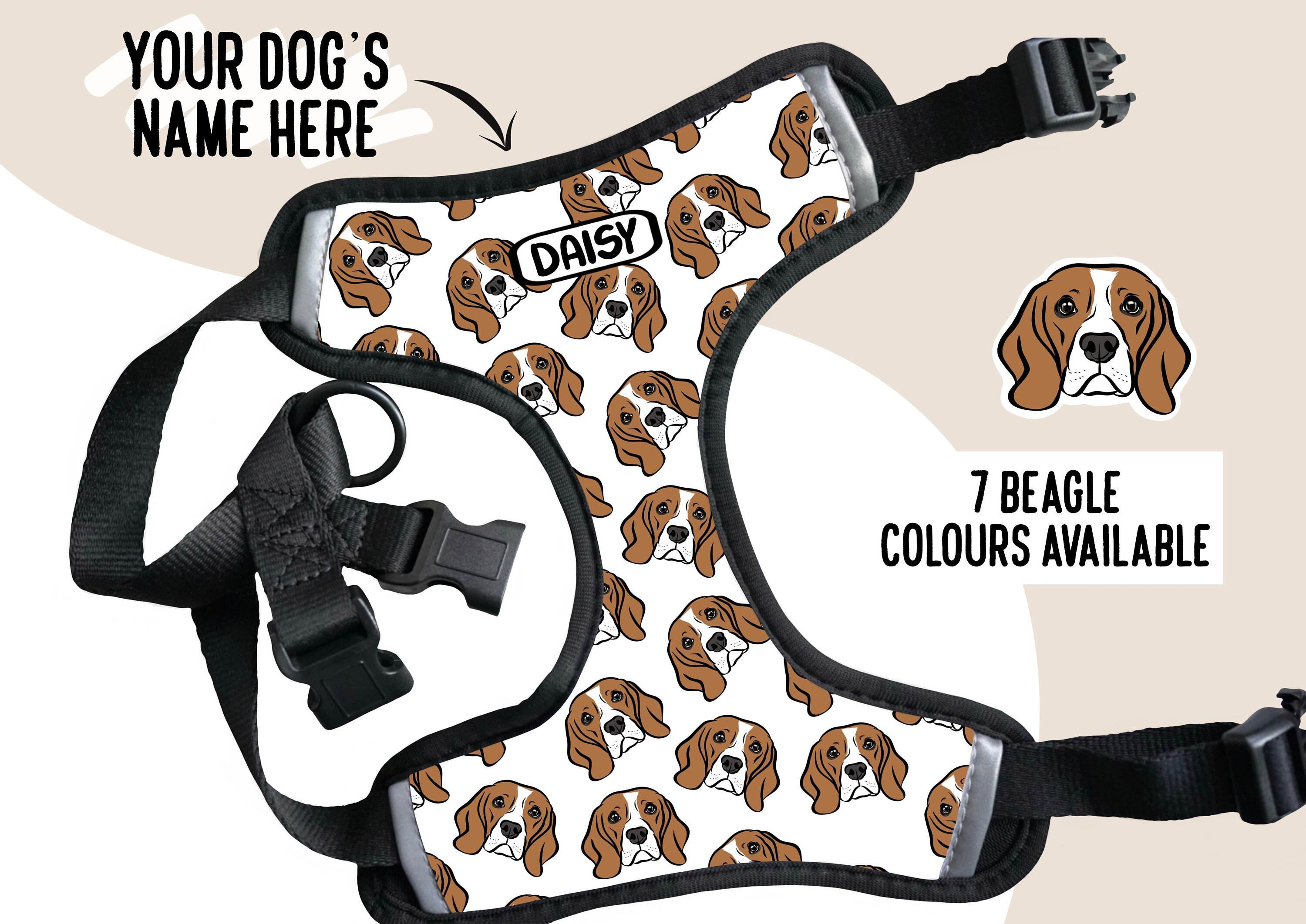 Personalised Beagle Harness Custom Beagle Face Print Harness Cute Dog Name Unique Harness Gift Step In Adjustable Harness for Beagle Owner