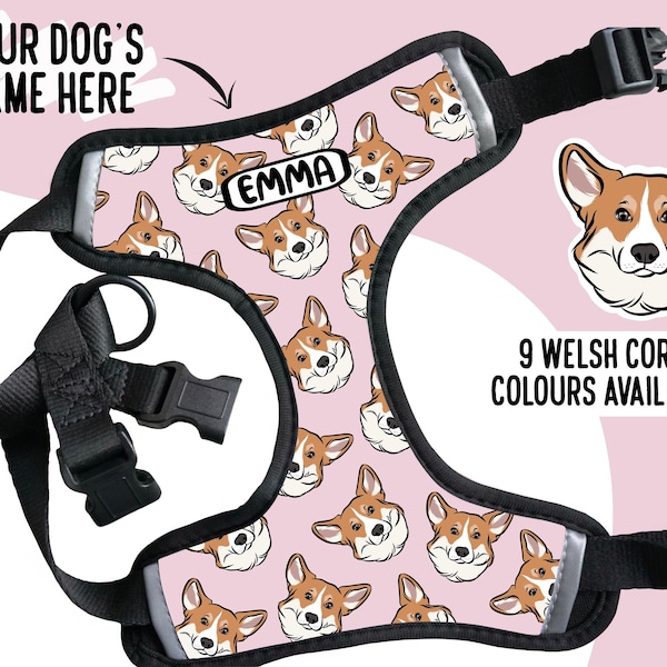 Personalised Corgi Harness/ Bespoke Corgi Face Pattern Harness/ Step In Dog Harness/ Adjustable Harness for Corgi/ Unique Dog Name Harness