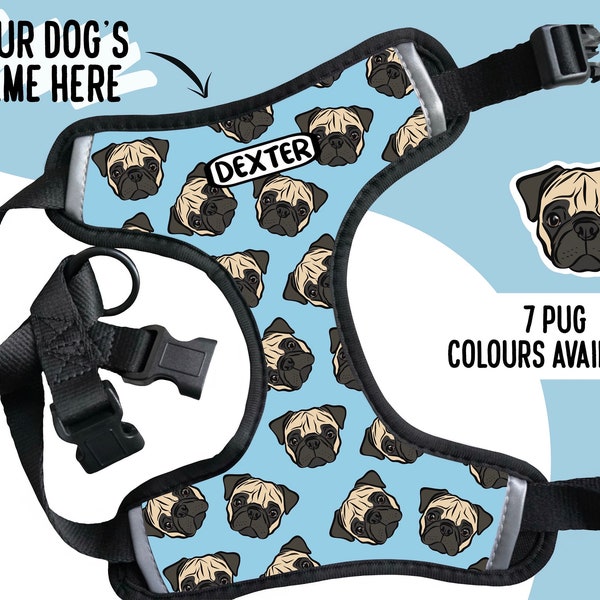 Pug Face Harness/ Customisable Pug Name Pattern Harness/ Cute Personalised Dog Breed Step In Harness/ Neoprene Dog Harness/ Pug Owner Gift