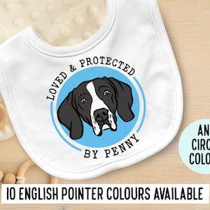 Bavoir anglais pour bébé/bavoir personnalisé visage de chien/bavoir pour baby shower de propriétaire d&#39;animal de compagnie/bavoir personnalisable en coton blanc pour chien