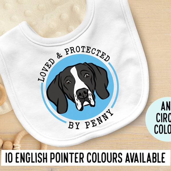 English Pointer Baby Bib/ Personalised Dog Face Portrait Bib/ Cute Pet Owner Baby Shower Bib/ Customisable White Cotton Pointer Dog Baby Bib