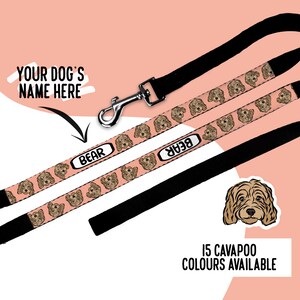 Könnte beinhalten: Eine rosa Hunde-Leine mit einem schwarzen Griff und einem personalisierten Namensschild mit der Aufschrift "BEAR". Die Leine hat ein sich wiederholendes Muster mit einem Hundegesicht. Der Text "YOUR DOG'S NAME HERE" ist in der oberen linken Ecke des Bildes zu sehen. Der Text "15 CAVAPOO COLORS AVAILABLE" ist in der unteren rechten Ecke des Bildes zu sehen.