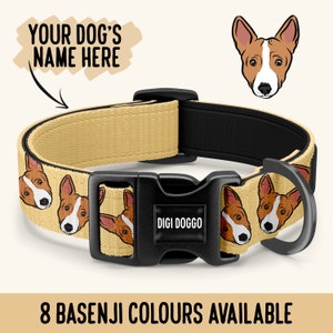 May include: A beige dog collar with a black buckle and a repeating pattern of Basenji dog faces. The buckle has the text "Digi Doggo" on it. The collar is shown against a white background. 8 Basenji Colors Available.