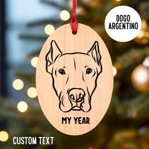 Dogo Argentino Enfeite de madeira de Natal/Decoração de árvore de arte de linha de nome de rosto de cachorro grande personalizado/Esboço de animal de estimação Raça de cachorro Presentes de árvore de Natal